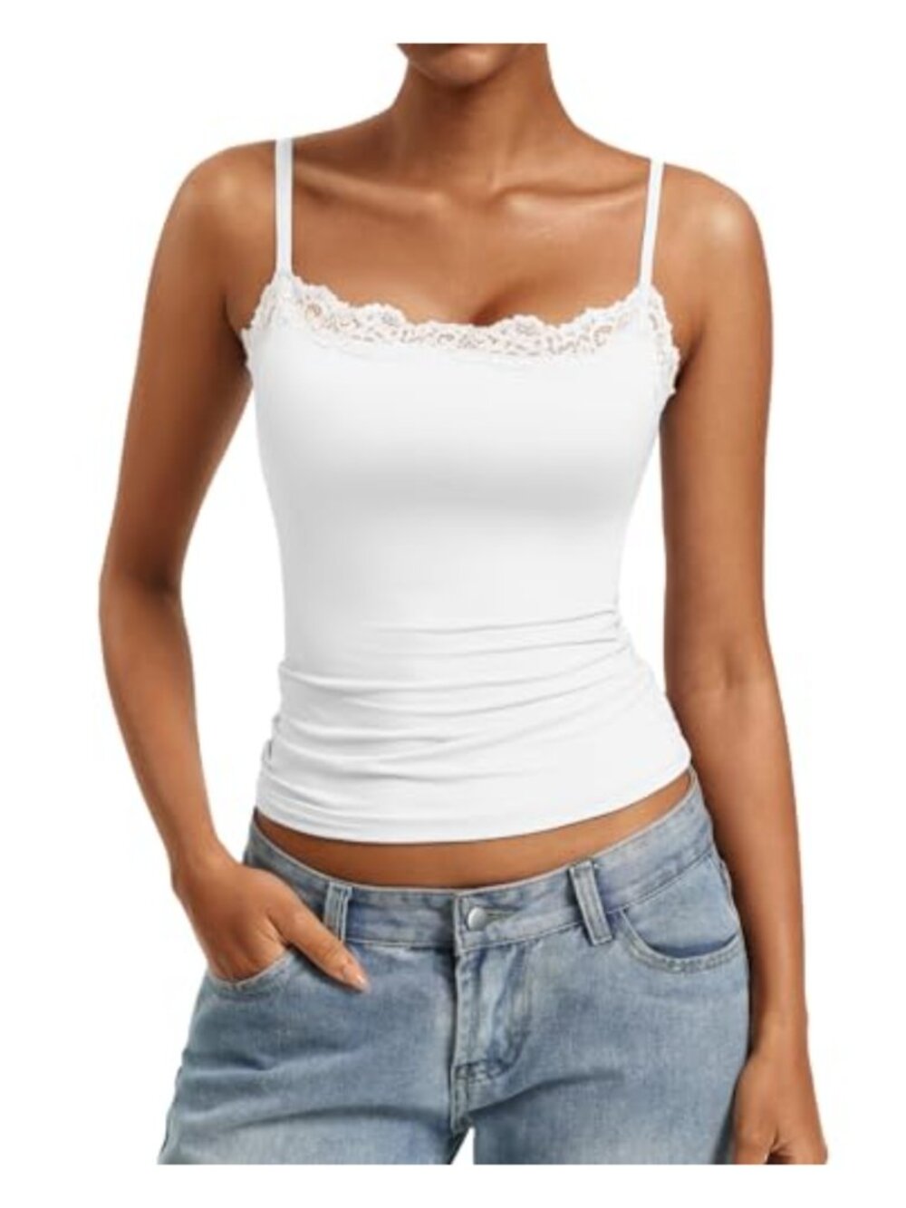Women's Lace Tank Top Double Lined Camisole Spaghetti Strap Square Neck Summer